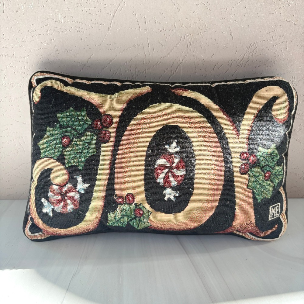 Mary Engelbreit Joy Christmas Tapestry Pillow Peppermint Holly 12x8 Black Woven